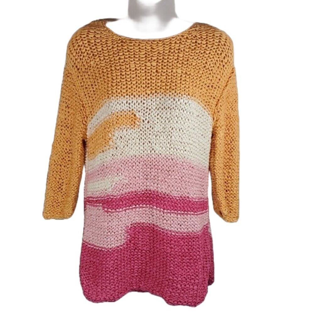 J Jill Hollyinter Pullover Sweater Orange Pink Cream 3/4 Sleeve Scoop Neck SZ M